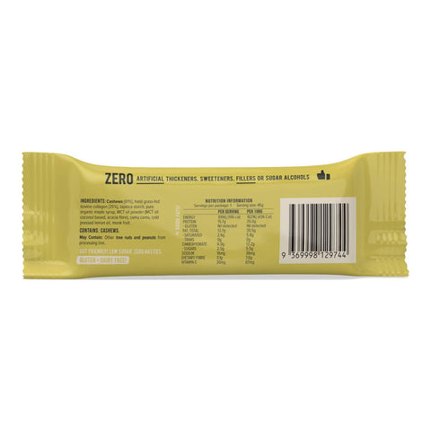 Back of collagen protein bar lemon tart with ingredients and nutritional information.