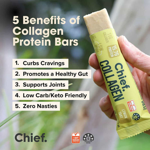 5 benefits of collagen protein bars listed with a bar pictured against a blurred natural background.
