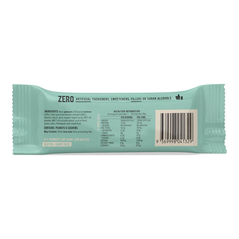 Back of collagen protein bar peanut butter with ingredients and nutritional information.