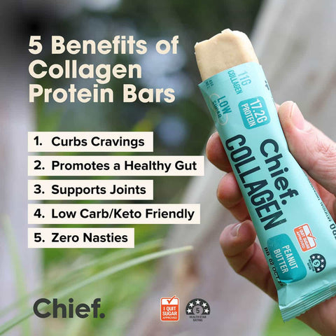 Hand holding a Chief Collagen protein bar with benefits listed on a blurred natural background