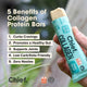 Hand holding a Chief Collagen protein bar with benefits listed on a blurred natural background