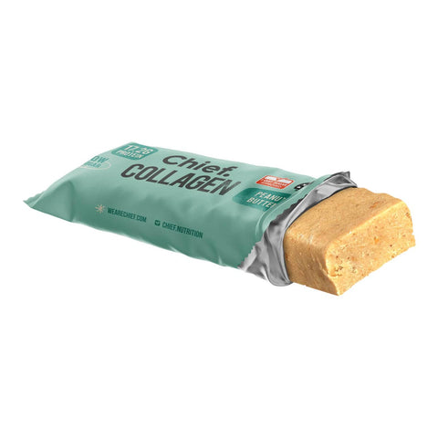 Chief Collagen protein bar peanut butter with green packaging showing contents on a white background