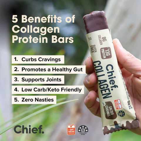 Hand holding a Chief Collagen protein bar with benefits listed on a natural background