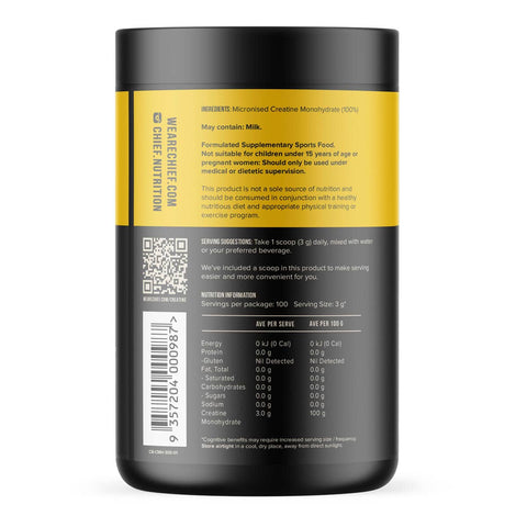 Back of Chief Creatine Focus+ with nip, serving suggestions and more. 100% pure micronised creatine monohydrate.
