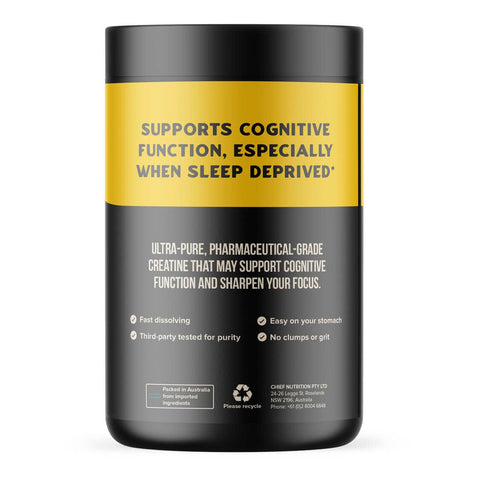 Side of creatine monohydrate container. 'Ultra-pure, pharmaceutical-grade creatine that may support cognitive function and sharpen your focus.