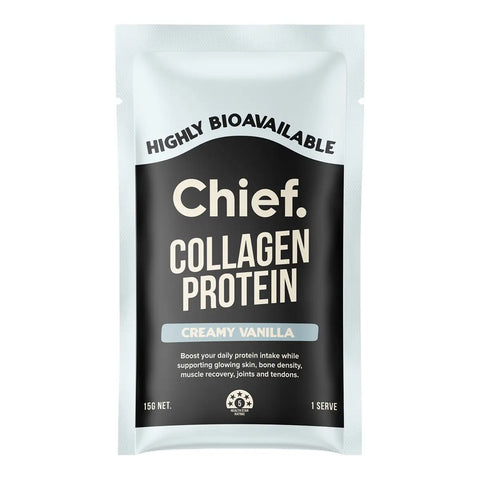 Sachet of Chief Collagen Protein in Creamy Vanilla flavor, featuring a black and white design with a light blue accent bar.