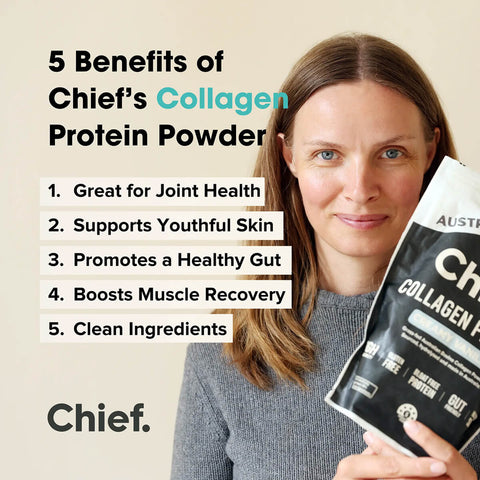 Woman holding Chief Collagen Protein powder with benefits listed on a beige background.