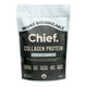 A stand-up pouch of Chief Collagen Protein in Creamy Vanilla flavour, featuring a black and white design with key product benefits printed on the front.