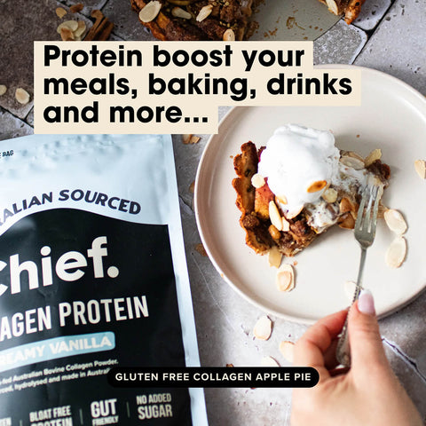 Chief Collage Protein package with a dessert and text about protein boost.