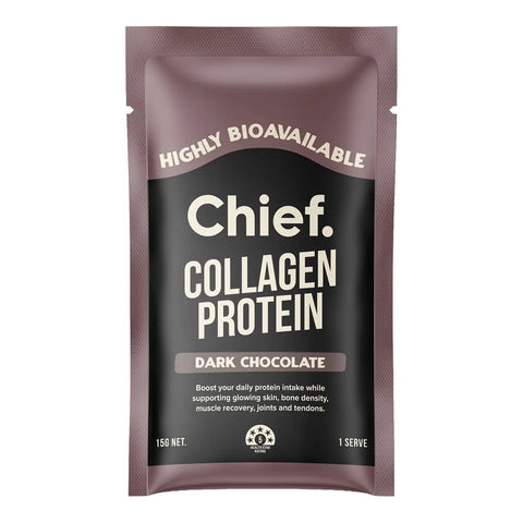 Sachet of Chief Collagen Protein in Dark Chocolate flavour, featuring a black center label with white text and a brown border.