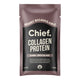 Sachet of Chief Collagen Protein in Dark Chocolate flavour, featuring a black center label with white text and a brown border.