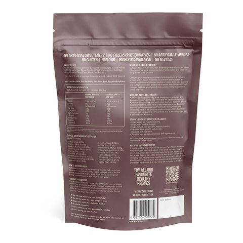 Back view of a brown package with text and a QR code on a white background.