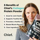 Woman holding Chief's Collagen Protein Powder with listed benefits on a beige background.