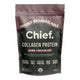 A stand-up pouch of Chief Collagen Protein in Dark Chocolate flavour, featuring a dark chocolate brown and black label with white text.