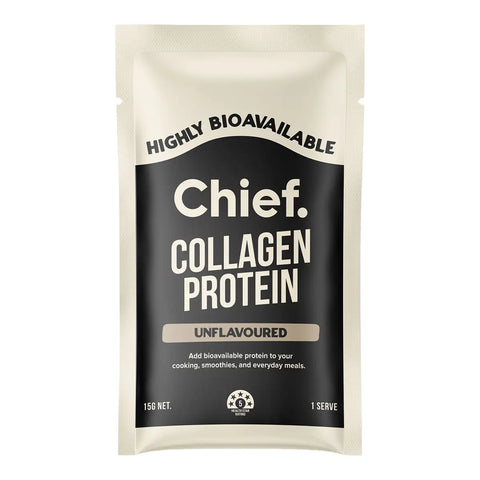 Sachet of Chief Collagen Protein powder, unflavoured, on a solid white background. The packaging features a black central label with white text and a cream-colored top and bottom section.