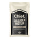 Sachet of Chief Collagen Protein powder, unflavoured, on a solid white background. The packaging features a black central label with white text and a cream-colored top and bottom section.