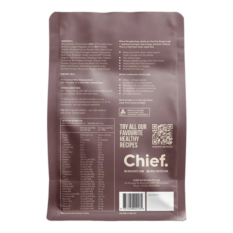 Back of a brown resealable stand-up pouch for Chief Meal Shake, showing ingredients, nutrition facts, and a barcode.