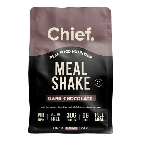 A 840g stand-up pouch of Chief Meal Shake Dark Chocolate powder, featuring a dark chocolate brown and black design with white text.