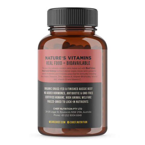 Side of Beef Liver, Heart and Kidney capsules with key product information. 
