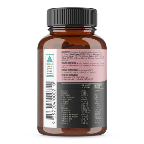 Back of Chief Organic Beef Offal Multivitamin Capsules with ingredients and nutritional information.
