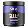 Chief Sleep oral supplement powder container in blueberry and vanilla flavour, 200g tub with a black lid and label.