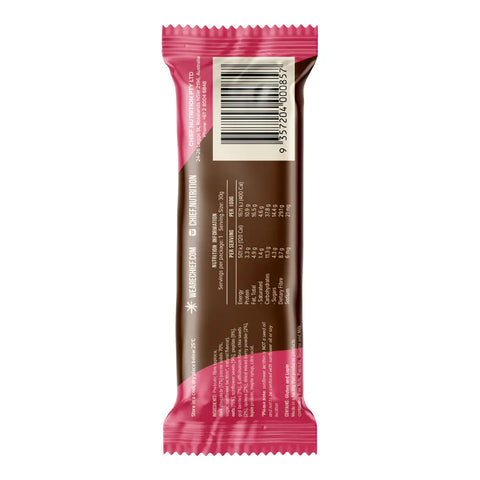 Back of Choc Berry flavoured snack bar from Chief showing nutrition label and barcode.