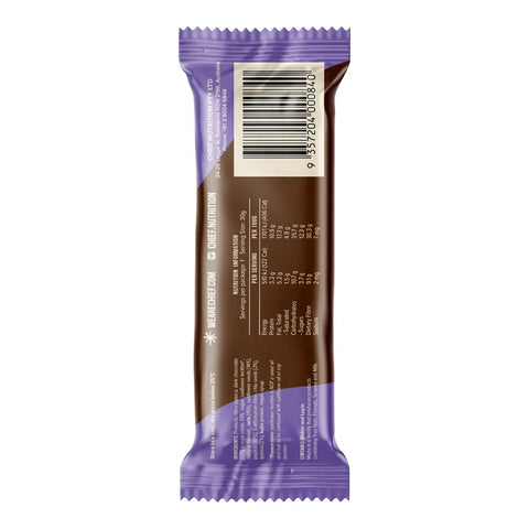 Back of Choc Chia flavoured snack bar from Chief showing nutrition label and barcode.