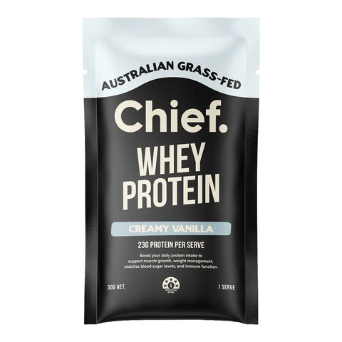 Sachet of Chief Whey Protein in creamy vanilla flavour, featuring a black label with a light blue accent.
