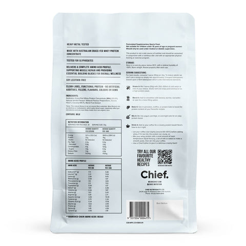 Back of whey protein - creamy vanilla with product & nutritional information.