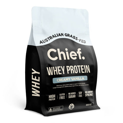 Side view of chief whey protein - creamy vanilla flavour. 