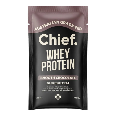 Sachet of Chief Whey Protein in Smooth Chocolate flavour, featuring a black body with a dark brown top section and white text.