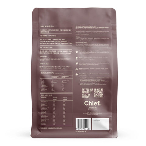 Back view of a protein powder package with text and nutritional information on a white background