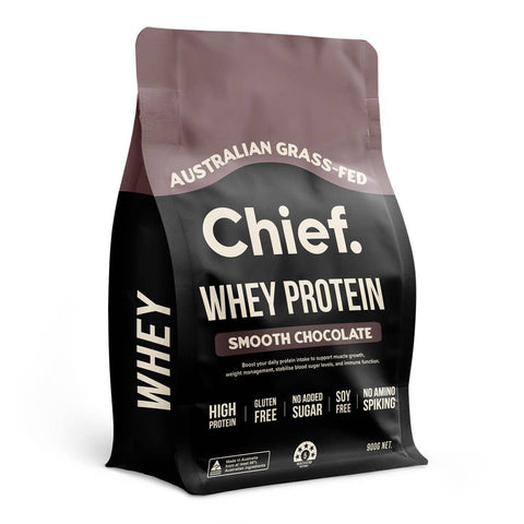 Side view of Chief Whey Protein package in smooth chocolate flavour on a white background
