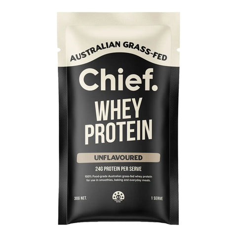 A single sachet of Chief Australian Grass-Fed Whey Protein Unflavoured, 300g, on a solid white background.