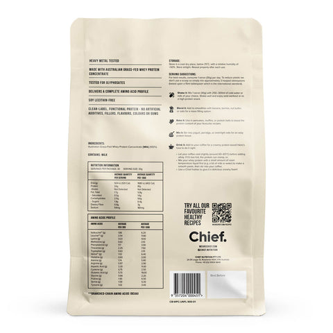 Back of Cheif Whey Protein Unflavoured with serving suggestions and nutritional information and more.