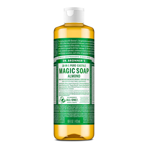 Dr. Bronner's Magic Soap Almond 473ml bottle with green label & white text on a white background.