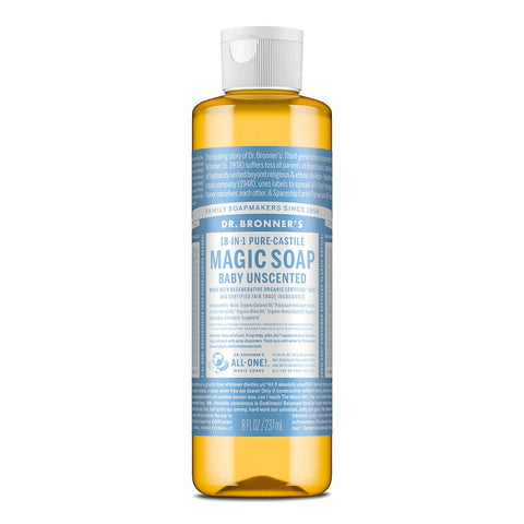Dr. Bronner's 18-in-1 Pure-Castile Magic Soap - Baby Unscented 237ml on a white background.