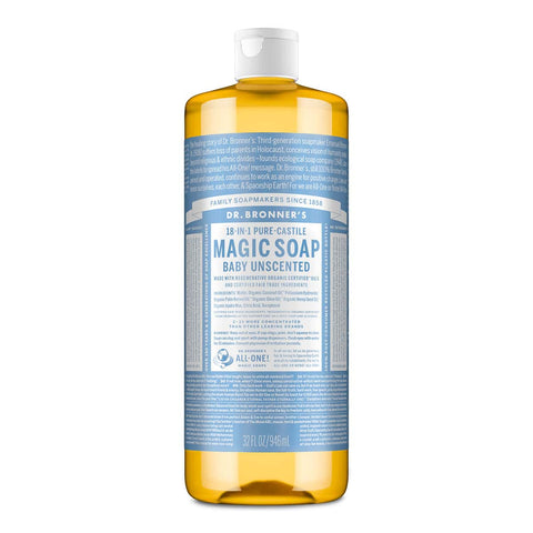 Dr. Bronner's 18-in-1 Pure-Castile Magic Soap  - Baby Unscented 946ml bottle on a white background.