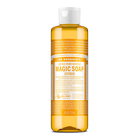 Dr. Bronner's 18-in-1 Pure-Castile Magic Soap - Citrus 237ml bottle on a white background.