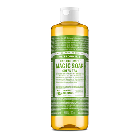 Dr. Bronner's Magic Soap Green Tea 473ml bottle with green label on a white background.