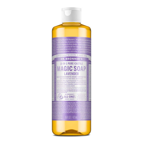Dr. Bronner's Magic Soap 473ml bottle with lavender scent on a white background
