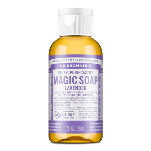 Dr. Bronner's 18-in-1 Pure-Castile Magic Soap - Lavender 59ml bottle on a white background.