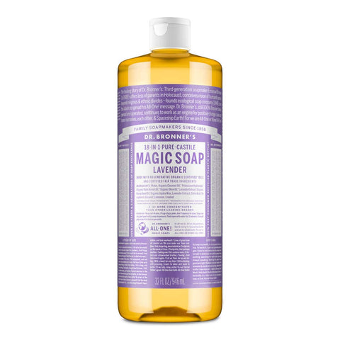 Dr. Bronner's Magic Soap bottle with lavender scent on a white background
