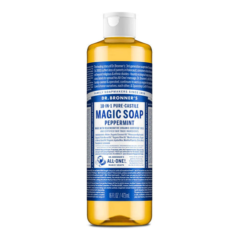 Dr. Bronner's Magic Soap Peppermint bottle on a white background. 473ml.