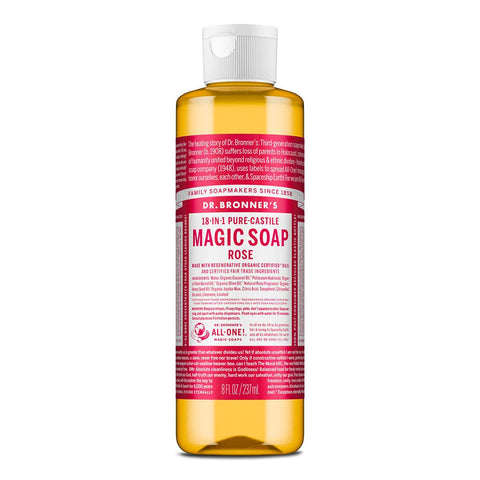 Dr. Bronner's Magic Soap Rose in a 237ml bottle with rose flavor on a white background