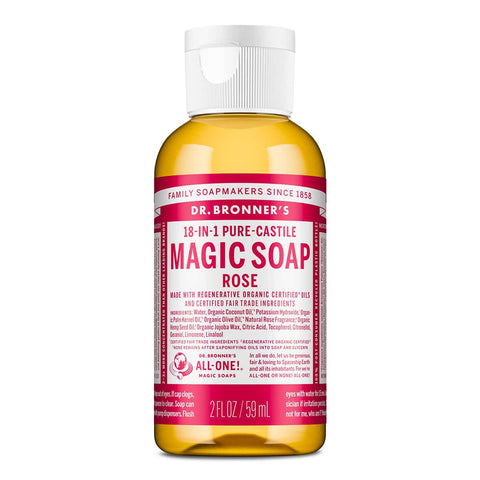 Dr. Bronner's Magic Soap Rose in a 59ml bottle on a white background