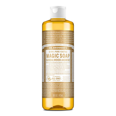 Dr. Bronner's Magic Soap bottle with sandalwood jasmine scent on a white background.