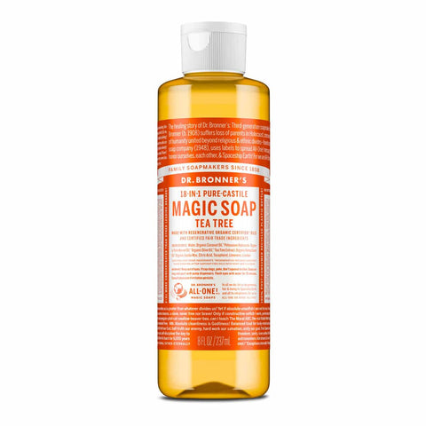 Dr. Bronner's 18-in-1 Pure-Castile Magic Soap Tea Tree on a white background