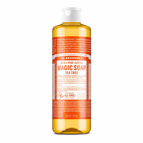 Dr. Bronner's Magic Soap Tea Tree in a 473ml bottle on a white background