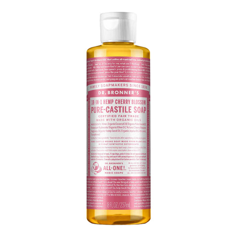 237ml bottle of Dr. Bronner's 18-In-1 Pure Castile Soap in Cherry Blossom scent with a pink label.